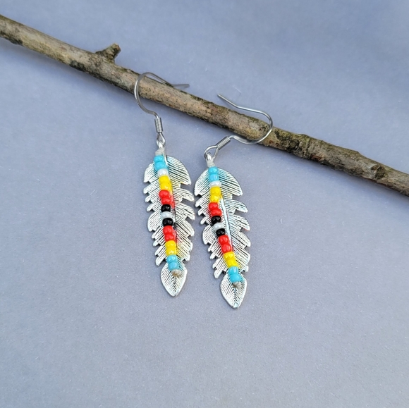 Earth Art hand crafted artisan Jewelry - Handmade Tribal Boho Feather Earrings